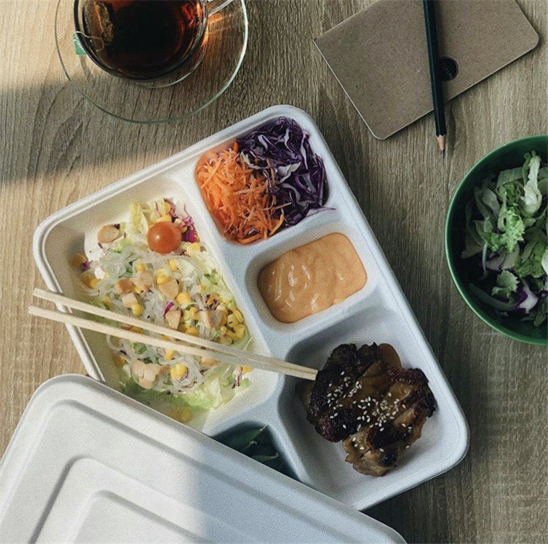 Bandeja de almuerzo de comida de bagazo de 5 compartimentos para la escuela