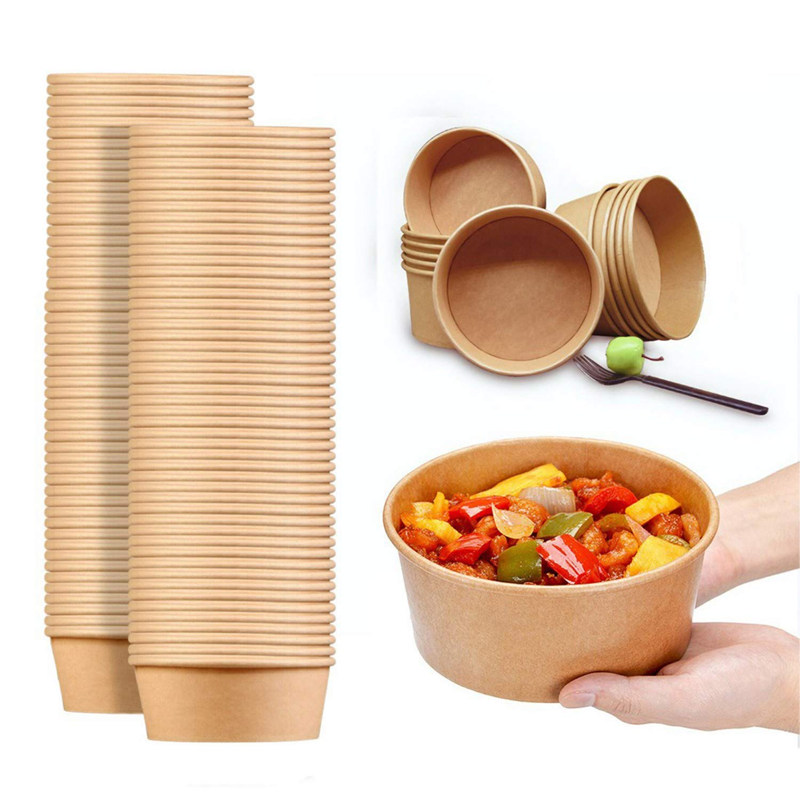 1000ml logotipo personalizado desechable kraft papel ensaladera con tapas