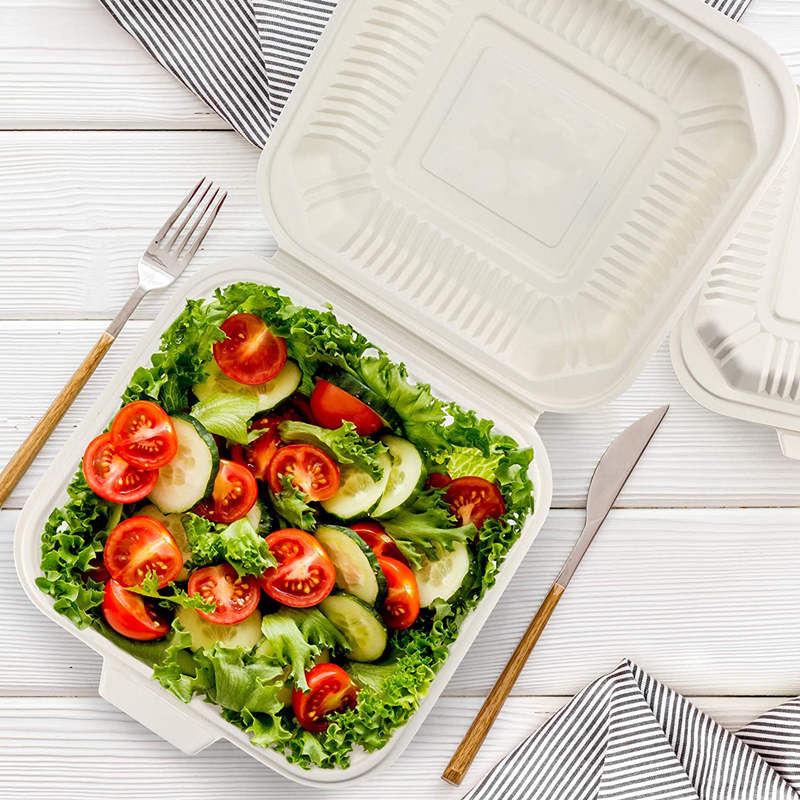 8 * 8 pulgadas al por mayor de buena calidad desechable biodegradable almidón de maíz clamshell box