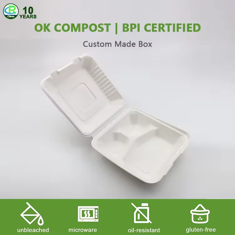 Caja de comida de bagazo de caña de azúcar desechable compostable personalizada Bento para ir con tapa