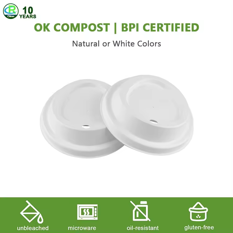 Servicio personalizado 100% compostable de fibra de caña de azúcar cubierta de pulpa de bagazo cubierta rectangular cubierta de café redonda cubierta de tazas