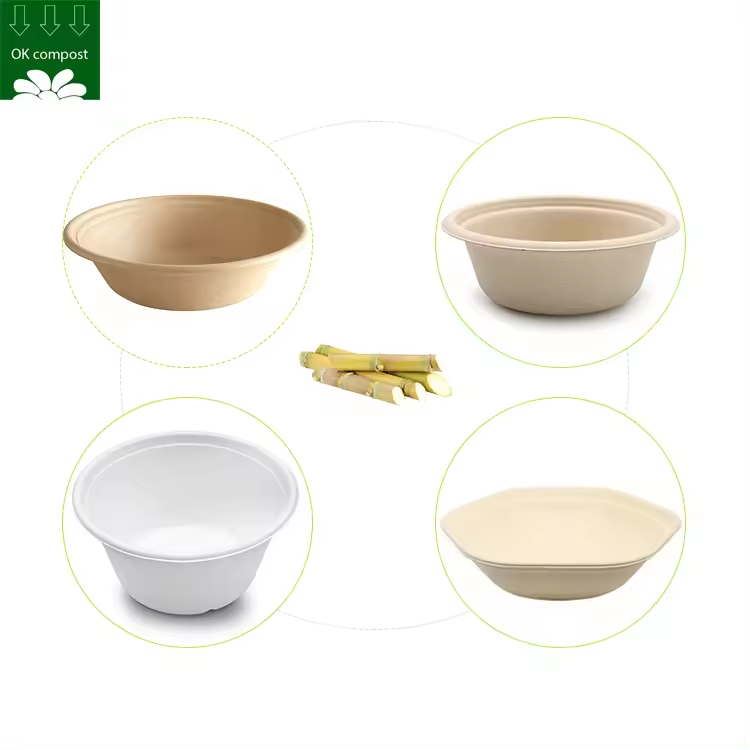 Pulpa de bagazo de caña de azúcar personalizada BPI Pfas papel biodegradable compostable sin cubierta tazón redondo desechable