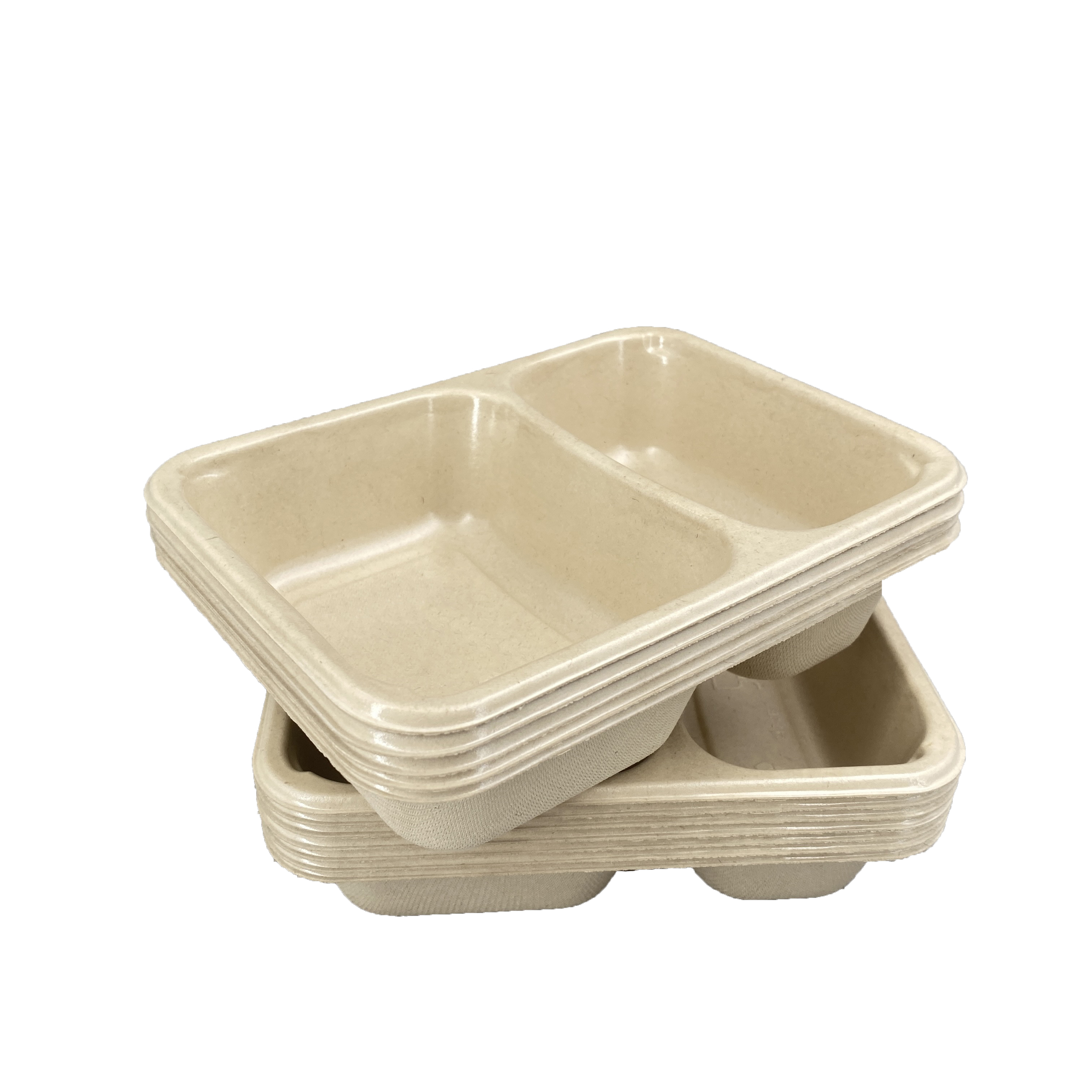 Dos compartimentos de embalaje de alimentos PET revestido bandeja de caña de azúcar